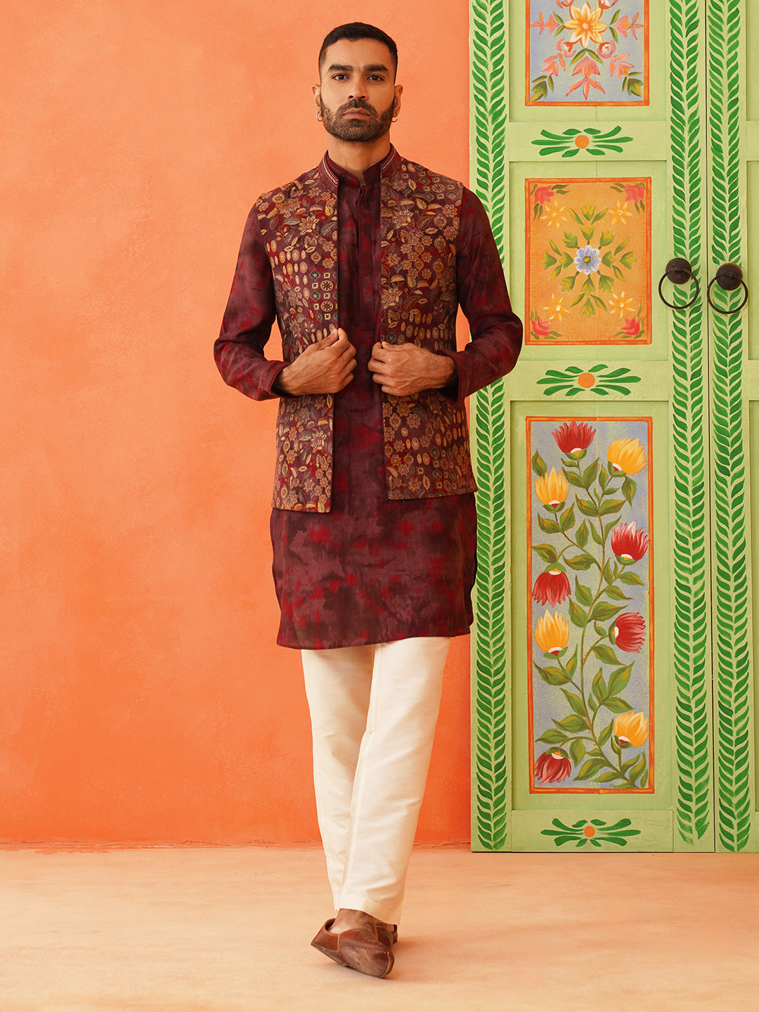 Maroon Printed Jacket Kurta Set