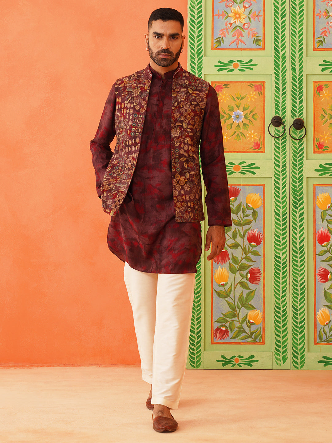 Maroon Printed Jacket Kurta Set