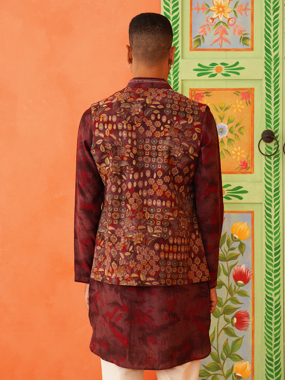 Maroon Printed Jacket Kurta Set