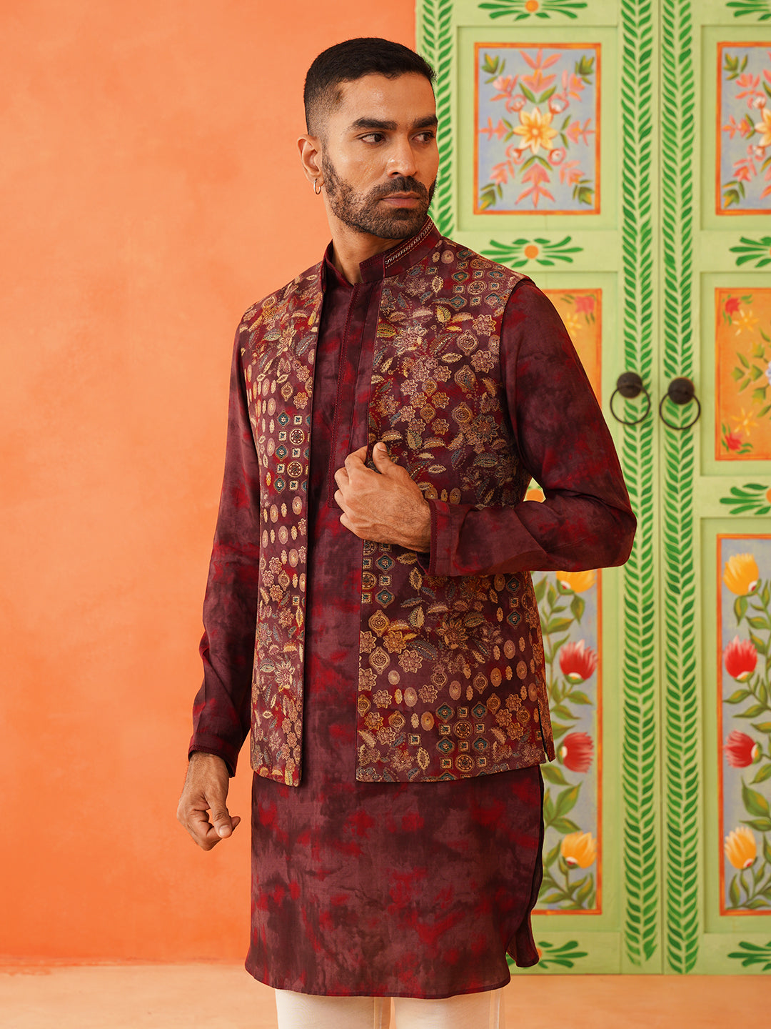 Maroon Printed Jacket Kurta Set