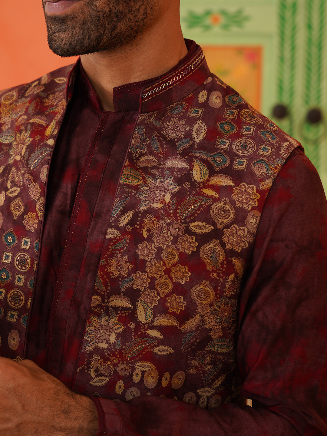 Maroon Printed Jacket Kurta Set