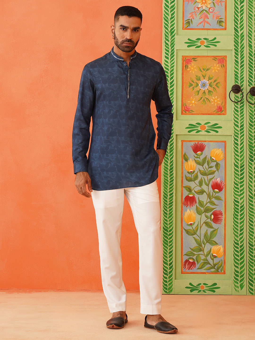 Blue Pasley Print Jacket Kurta Set