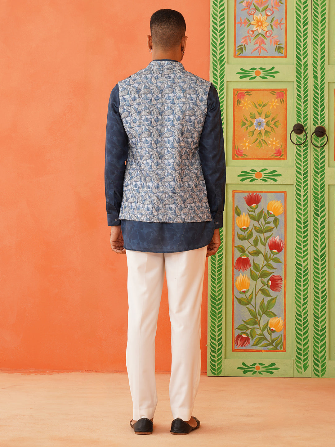 Blue Pasley Print Jacket Kurta Set