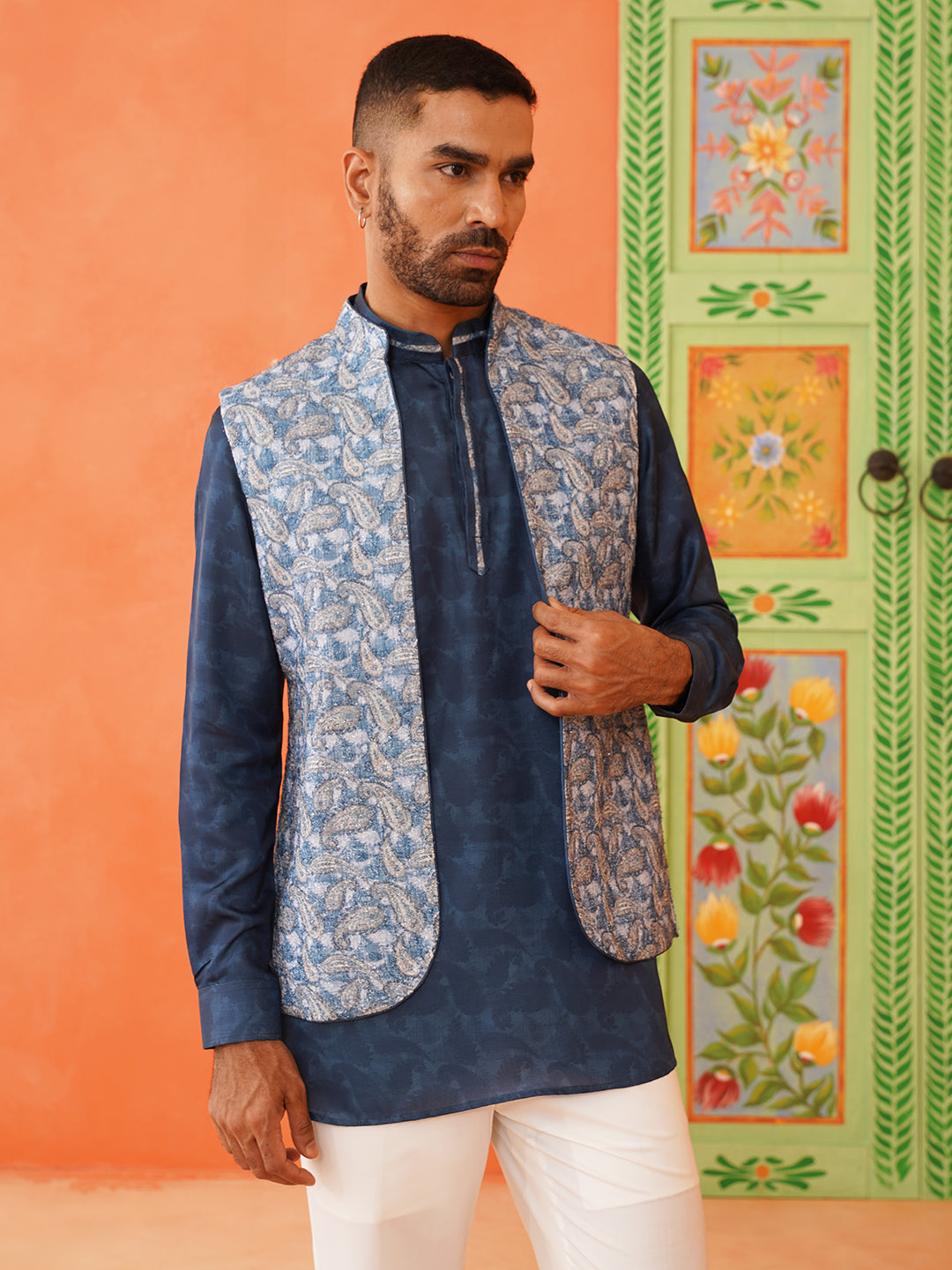 Blue Pasley Print Jacket Kurta Set