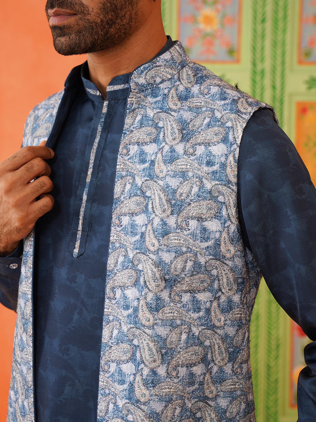 Blue Pasley Print Jacket Kurta Set