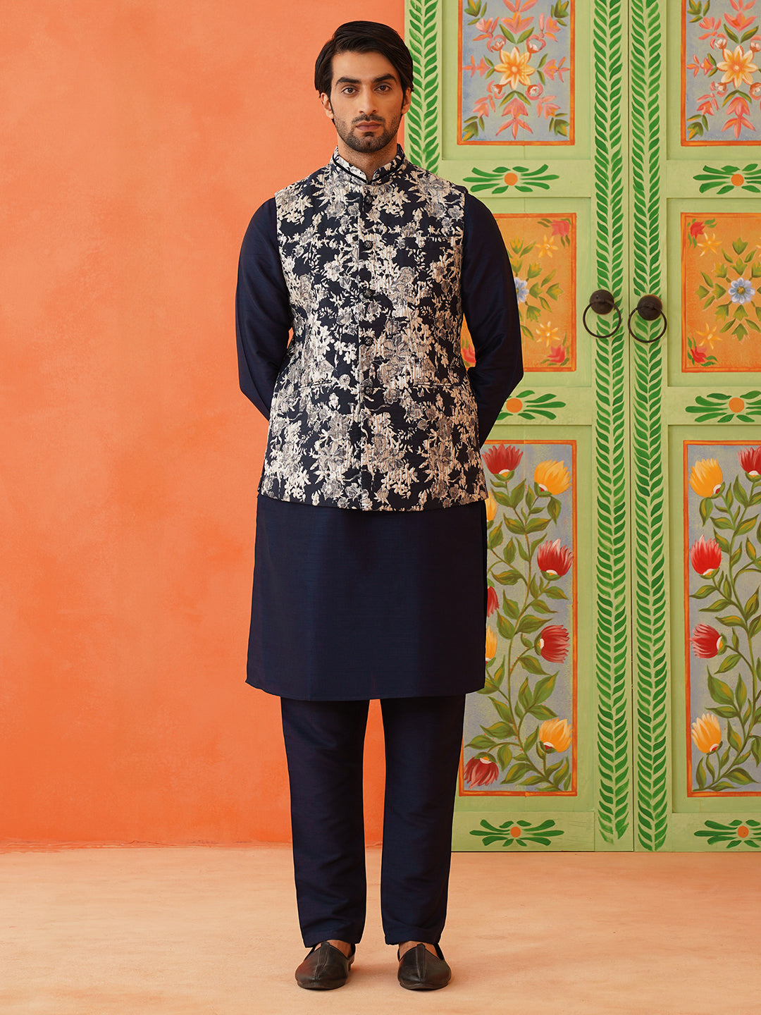 Navy Grey jacquard Jacket Kurta Set