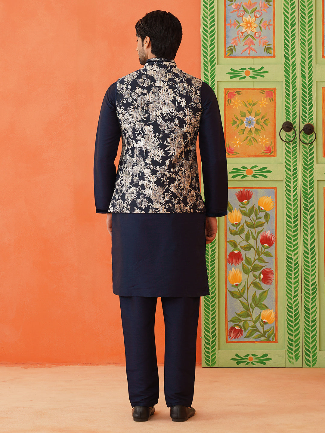 Navy Grey jacquard Jacket Kurta Set