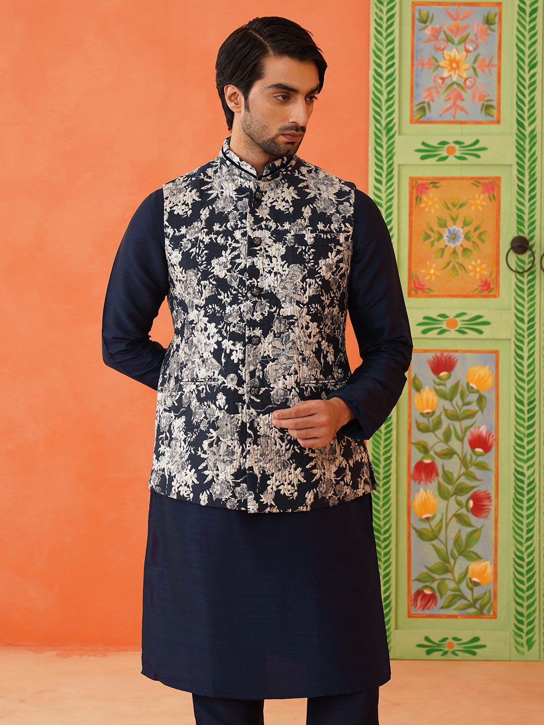 Navy Grey jacquard Jacket Kurta Set