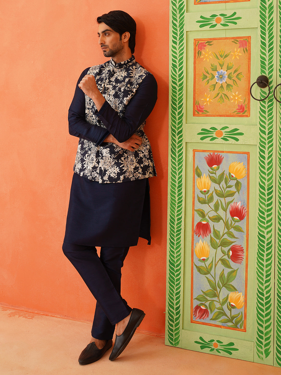 Navy Grey jacquard Jacket Kurta Set