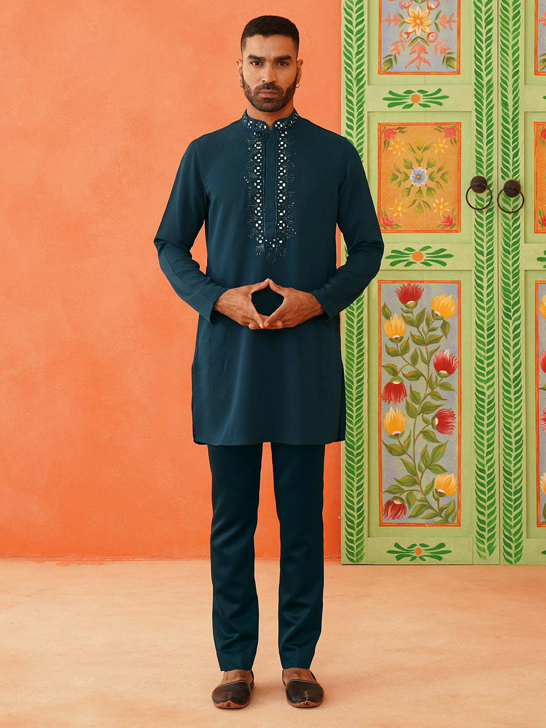 Royal blue front-open sherwani with embroidered