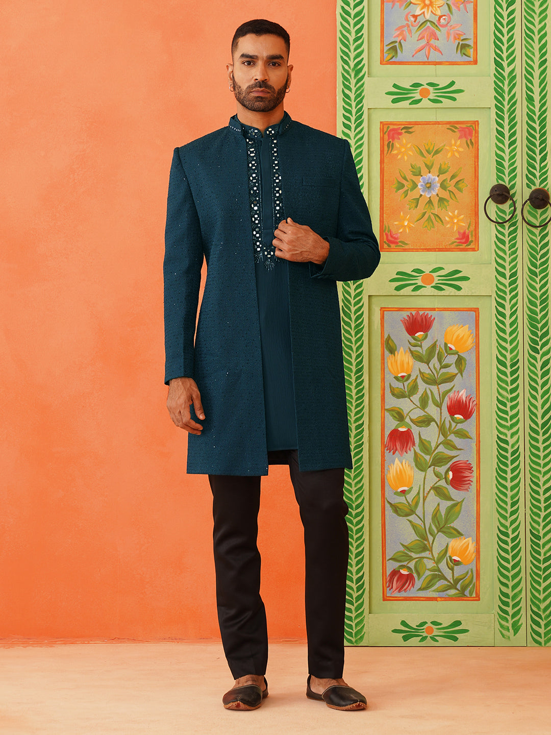 Royal blue front-open sherwani with embroidered