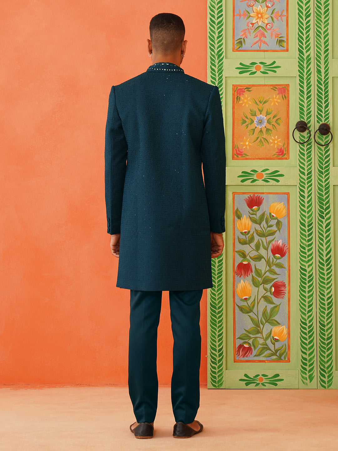 Royal blue front-open sherwani with embroidered