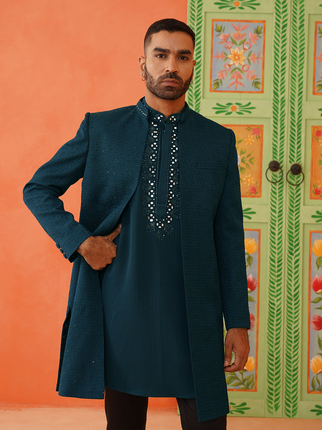 Royal blue front-open sherwani with embroidered