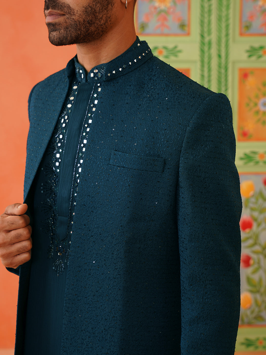 Royal blue front-open sherwani with embroidered