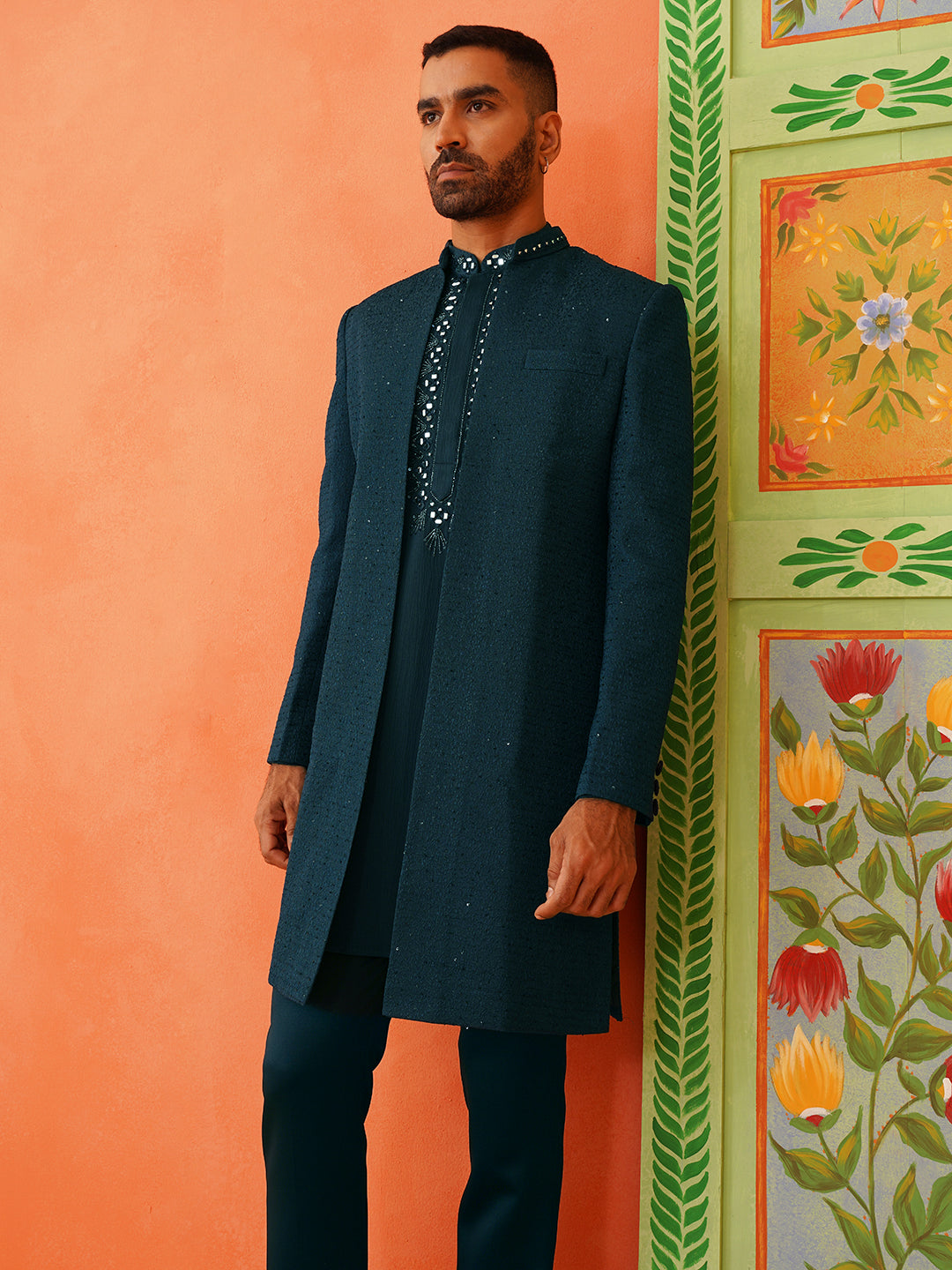 Royal blue front-open sherwani with embroidered