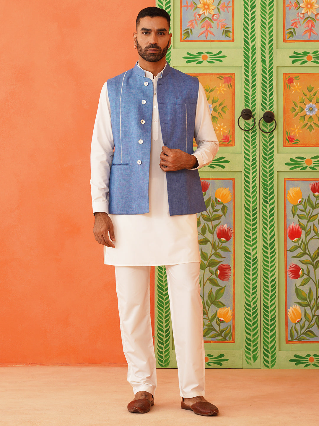 Blue Cotton Linen Jacket Kurta Set