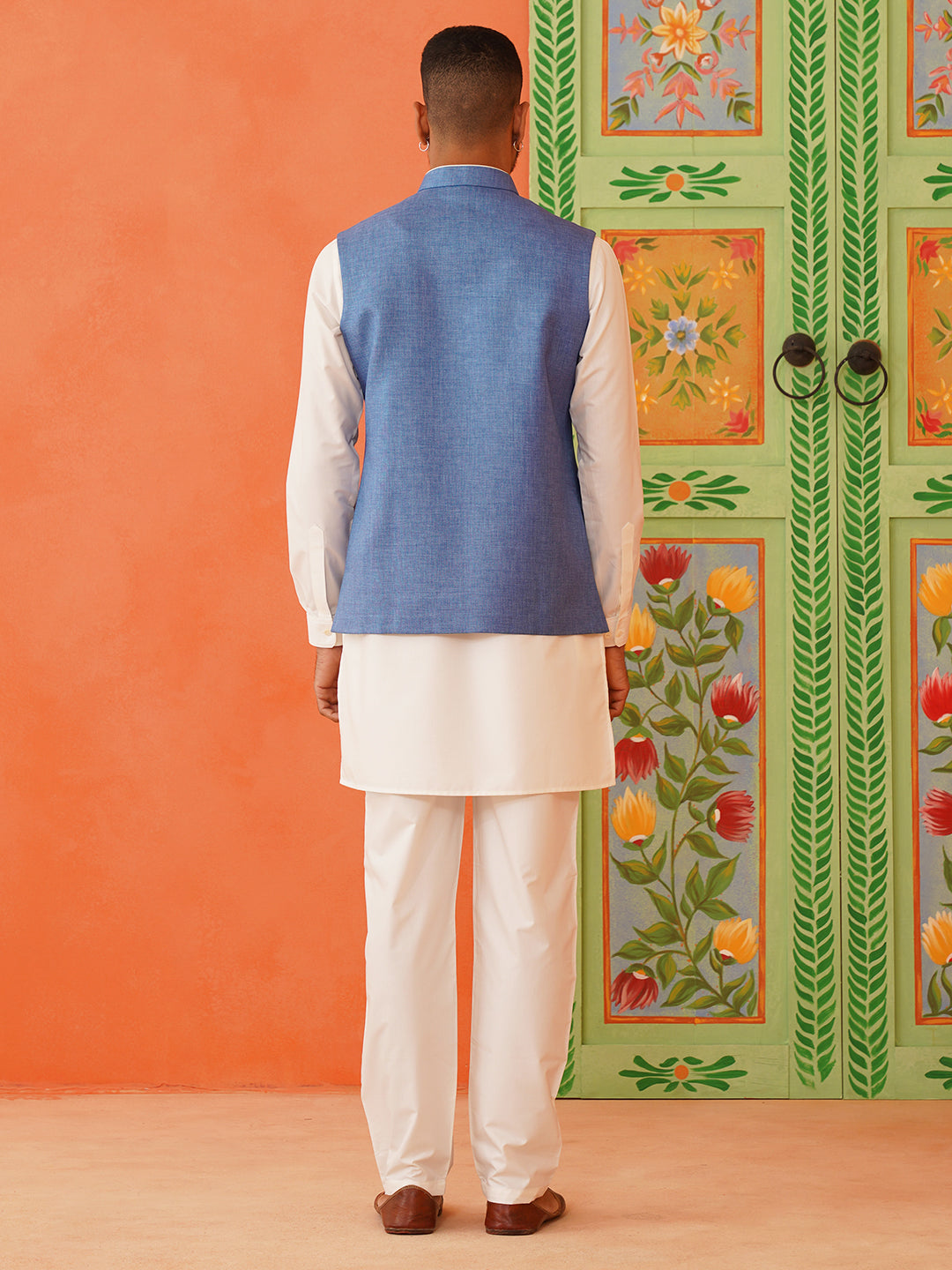 Blue Cotton Linen Jacket Kurta Set