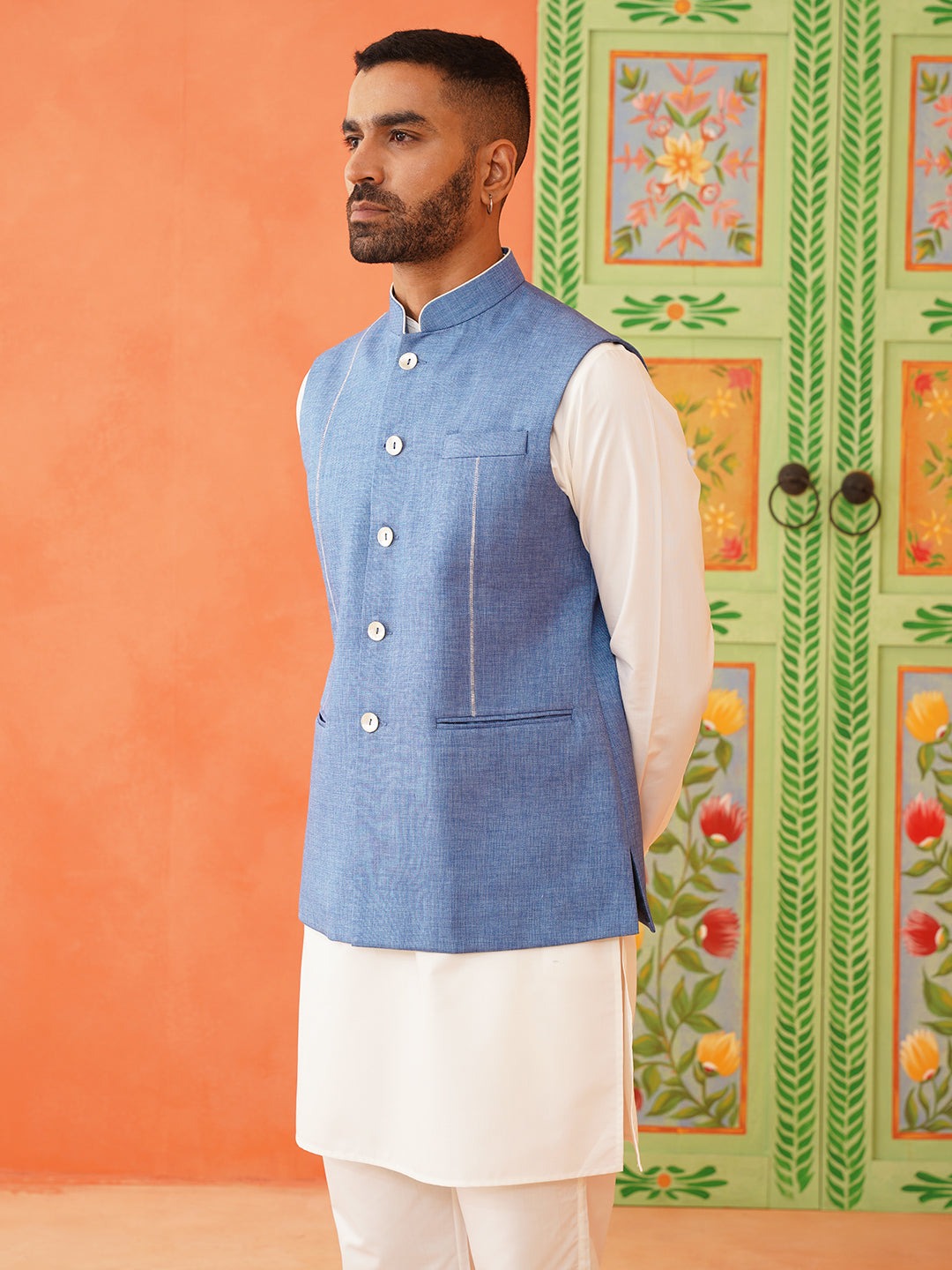 Blue Cotton Linen Jacket Kurta Set