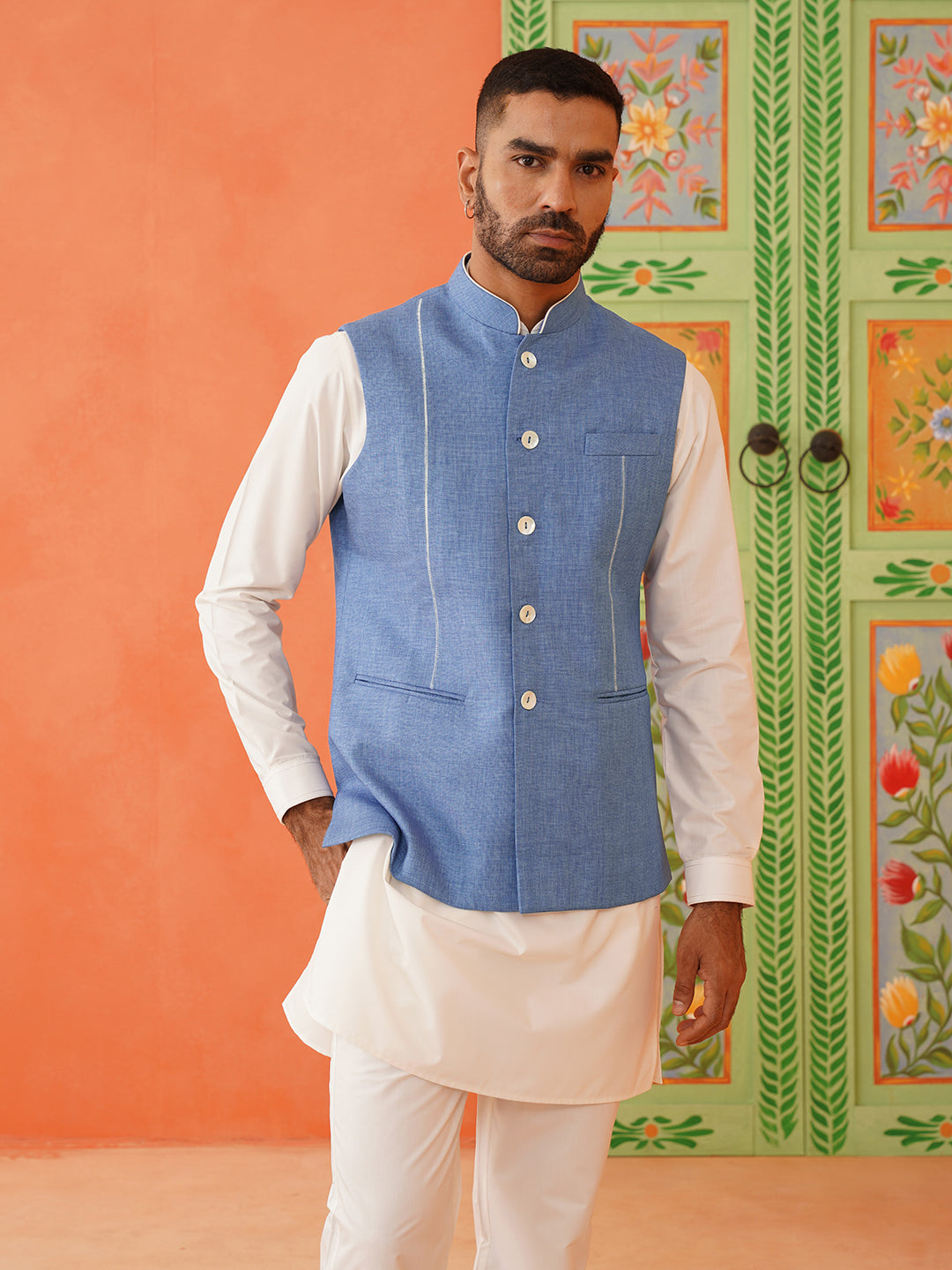 Blue Cotton Linen Jacket Kurta Set