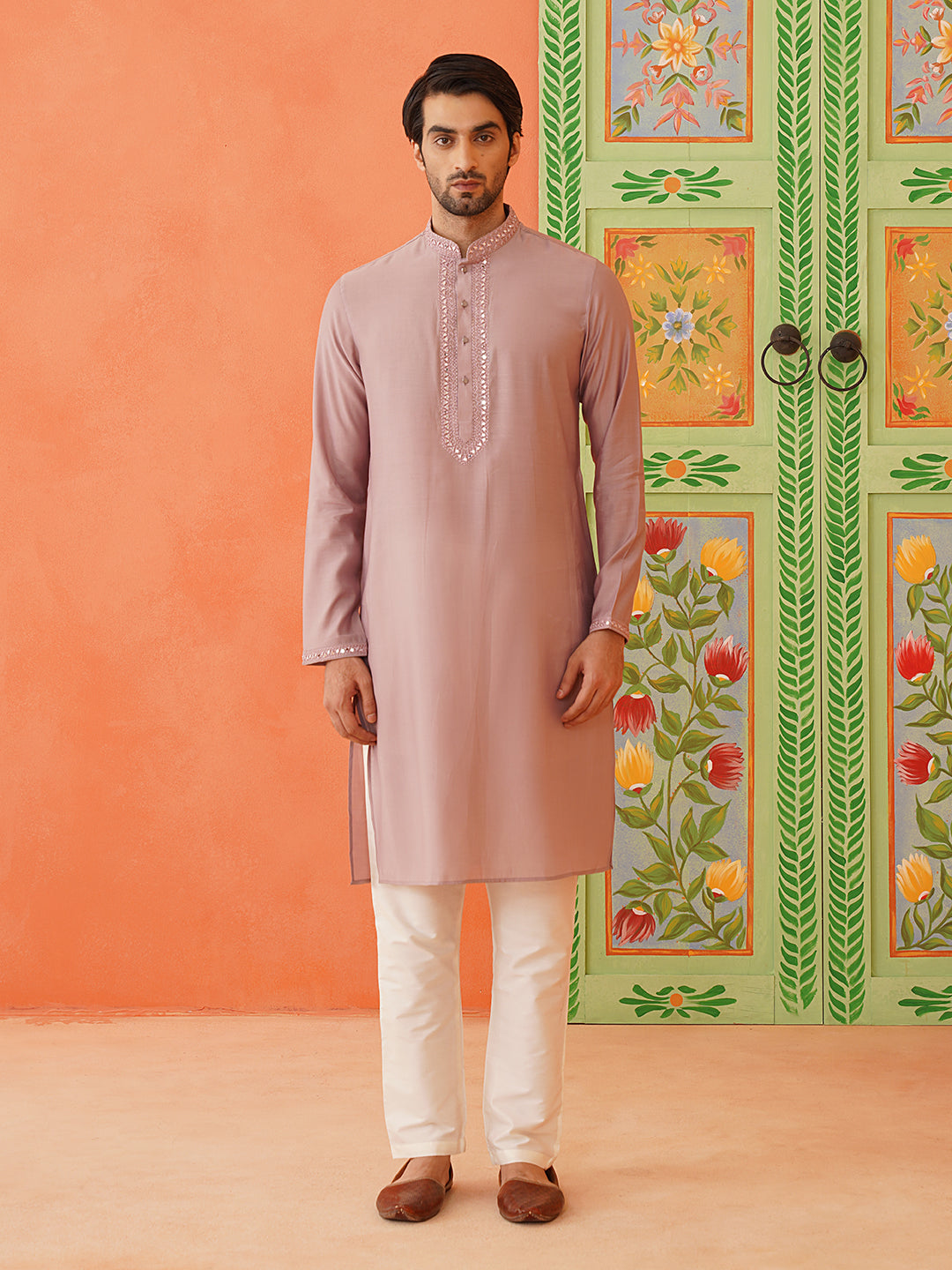 Onion Pink Embroidery Long Bundi Kurta Set