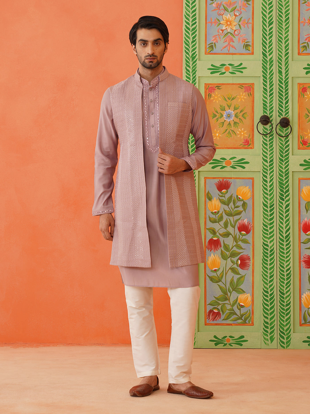 Onion Pink Embroidery Long Bundi Kurta Set