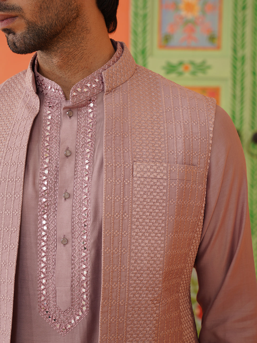 Onion Pink Embroidery Long Bundi Kurta Set