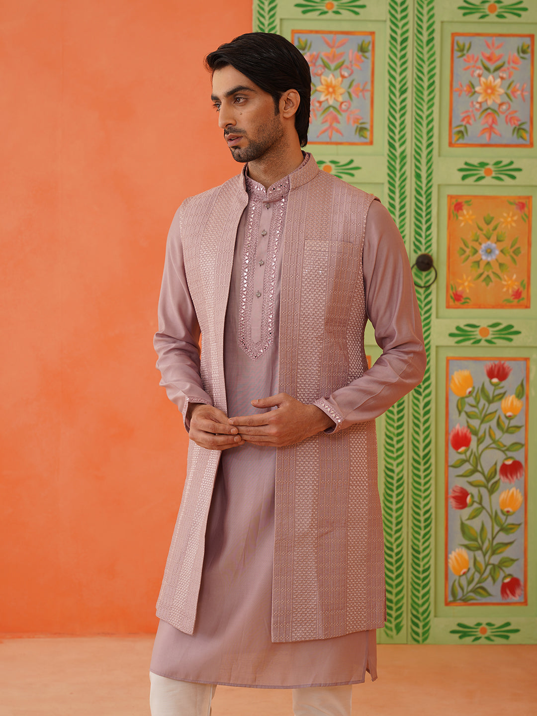 Onion Pink Embroidery Long Bundi Kurta Set