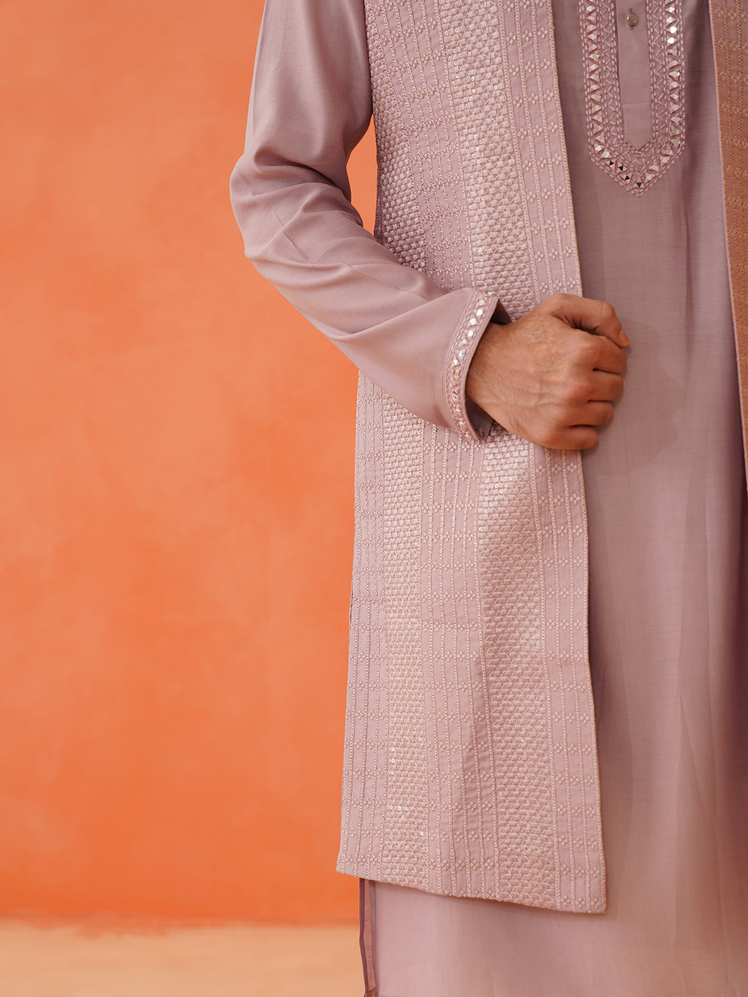 Onion Pink Embroidery Long Bundi Kurta Set