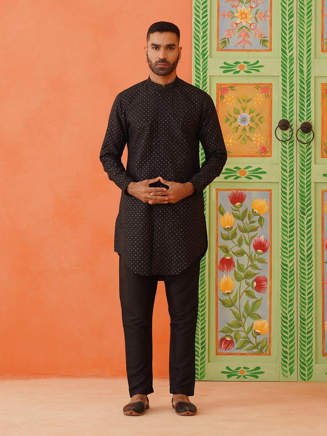 Black Silk Embroiderd Front Open Kurta Set