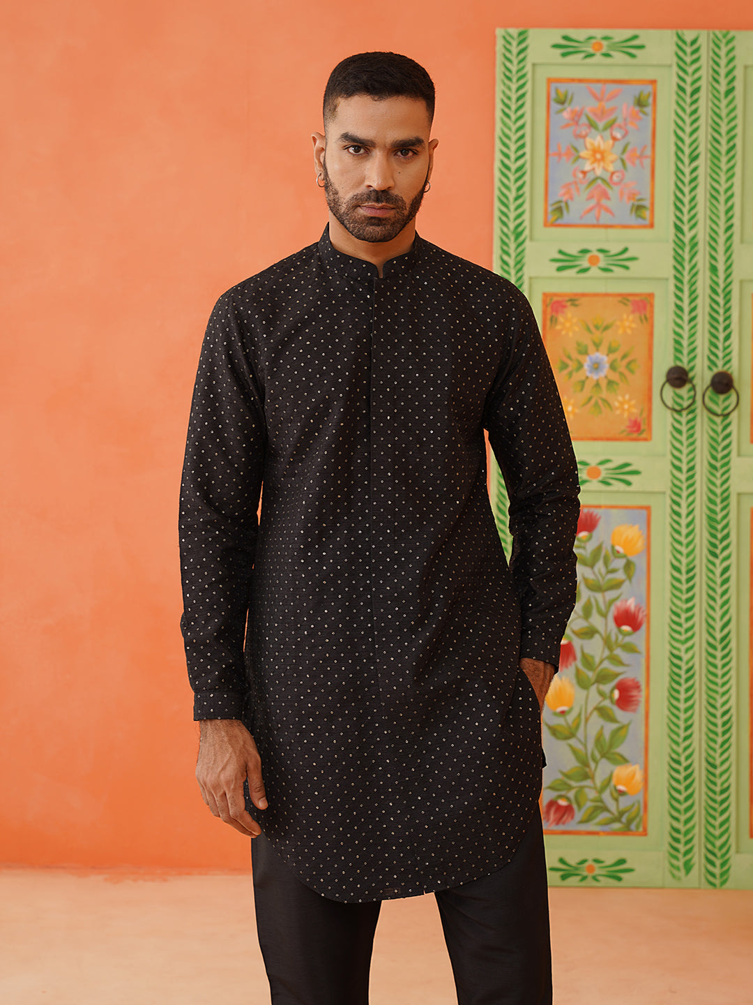 Black Silk Embroiderd Front Open Kurta Set