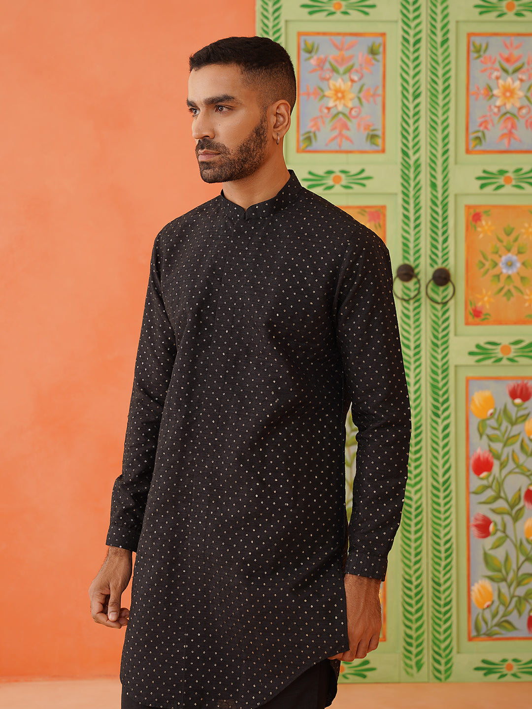 Black Silk Embroiderd Front Open Kurta Set