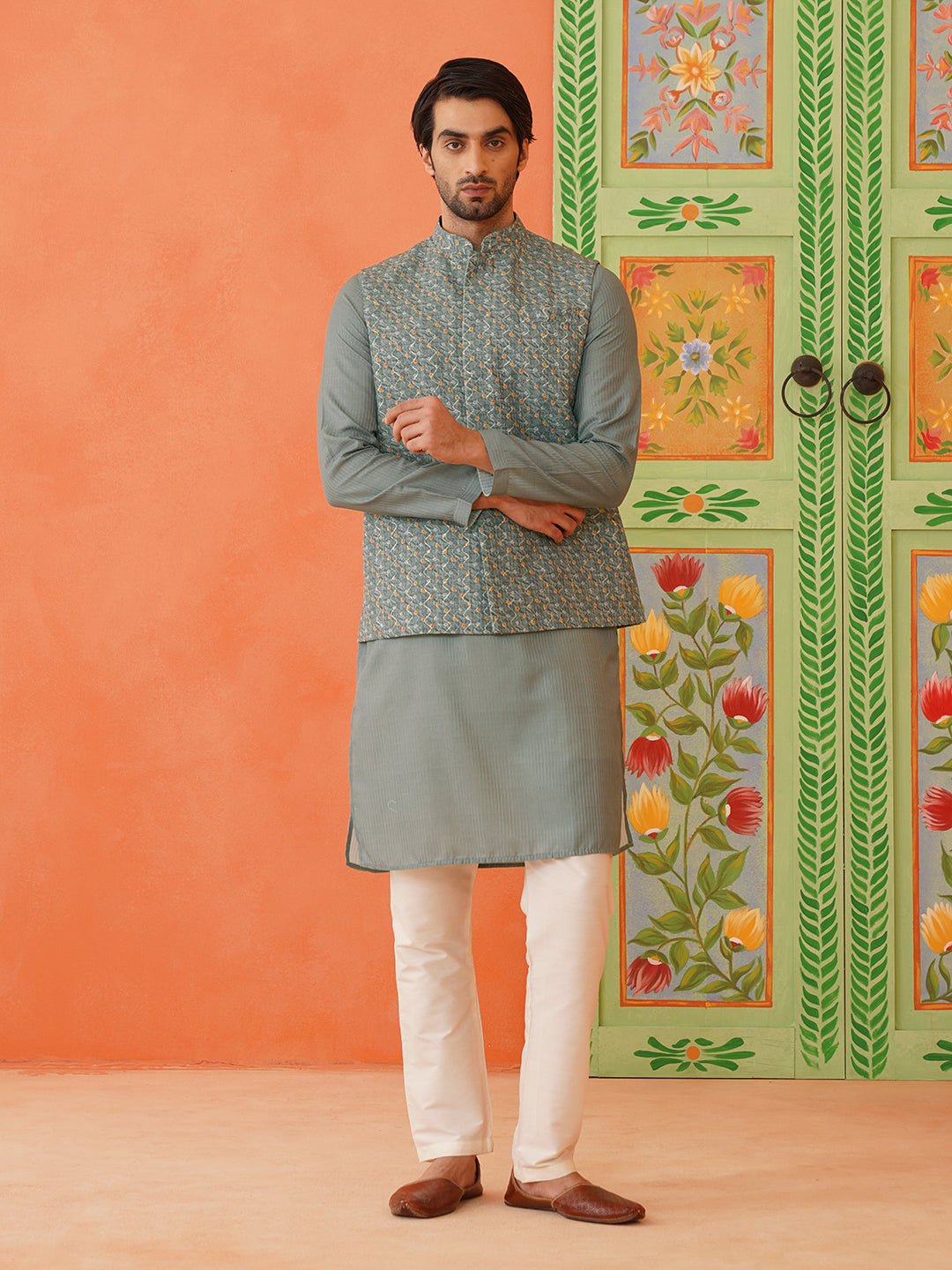 Grey Bandhani Print Ceremonial jacket Kurta Set