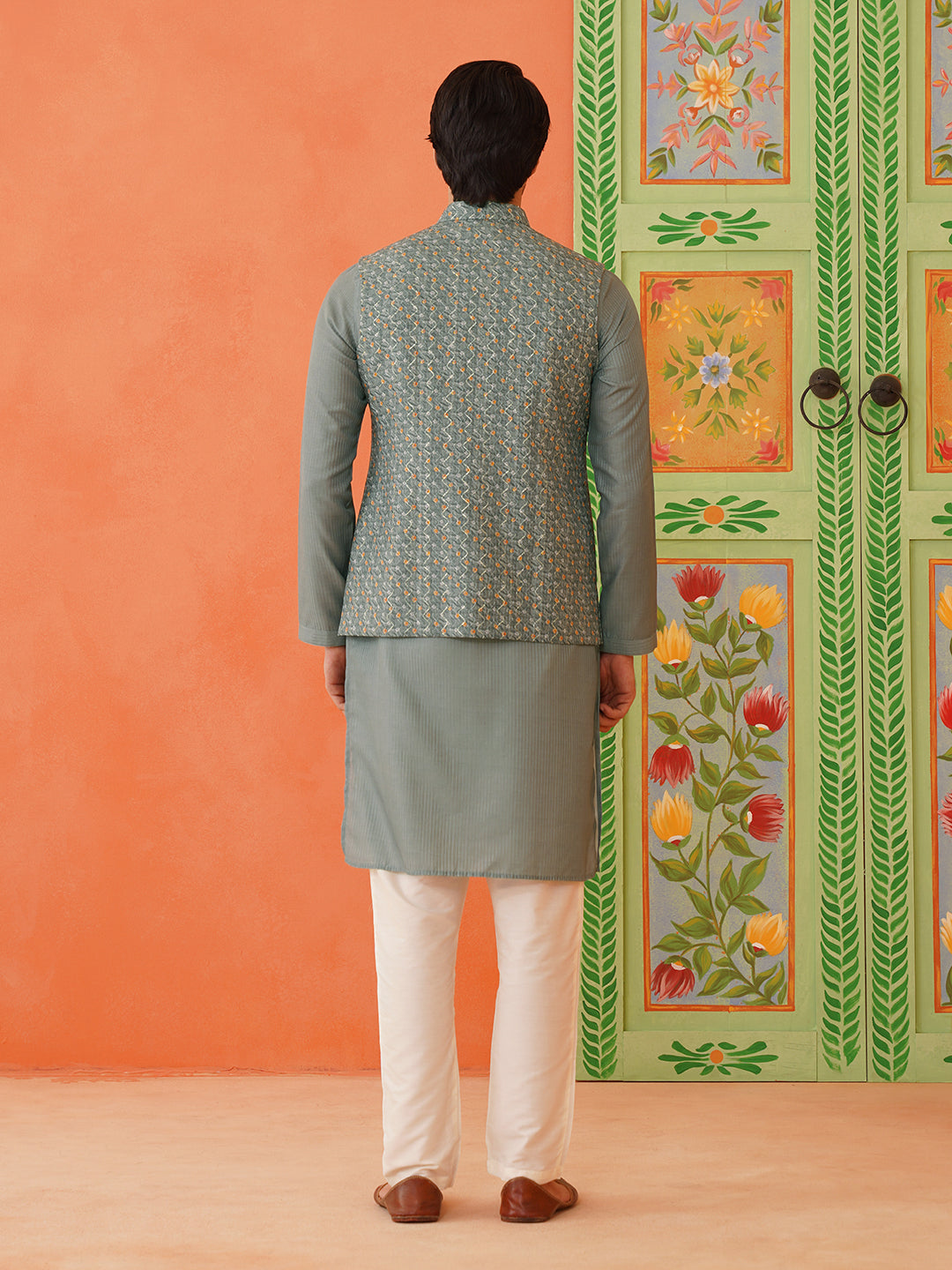 Grey Bandhani Print Ceremonial jacket Kurta Set