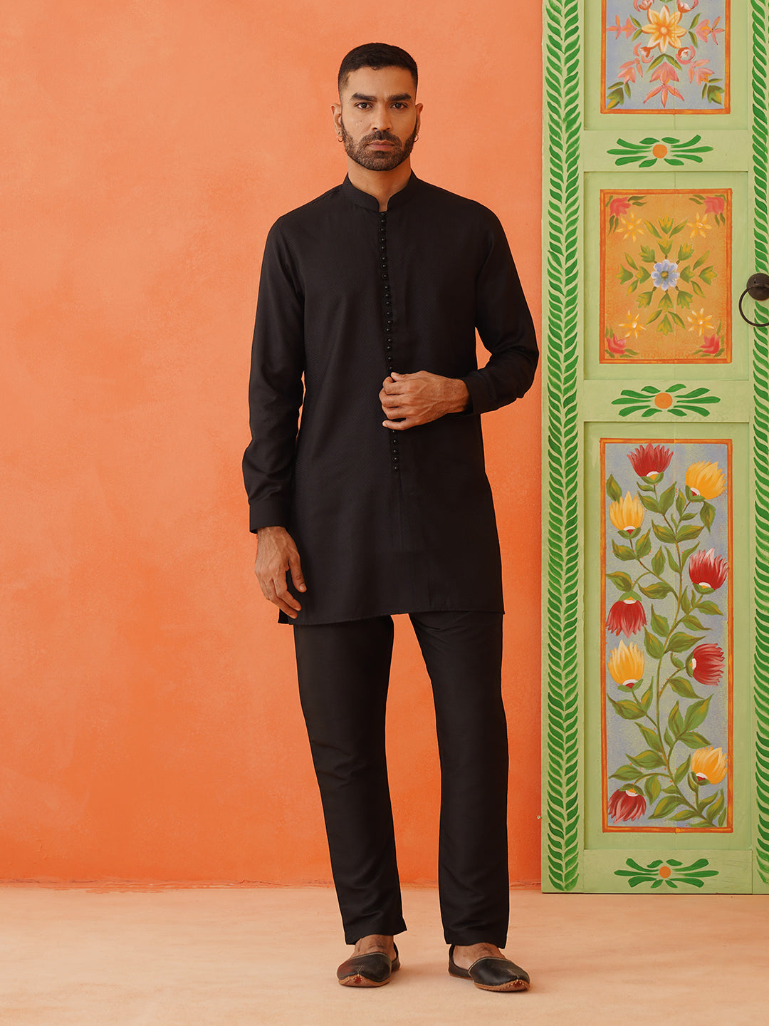 Black Cotton Jacquard Cotton Kurta Set