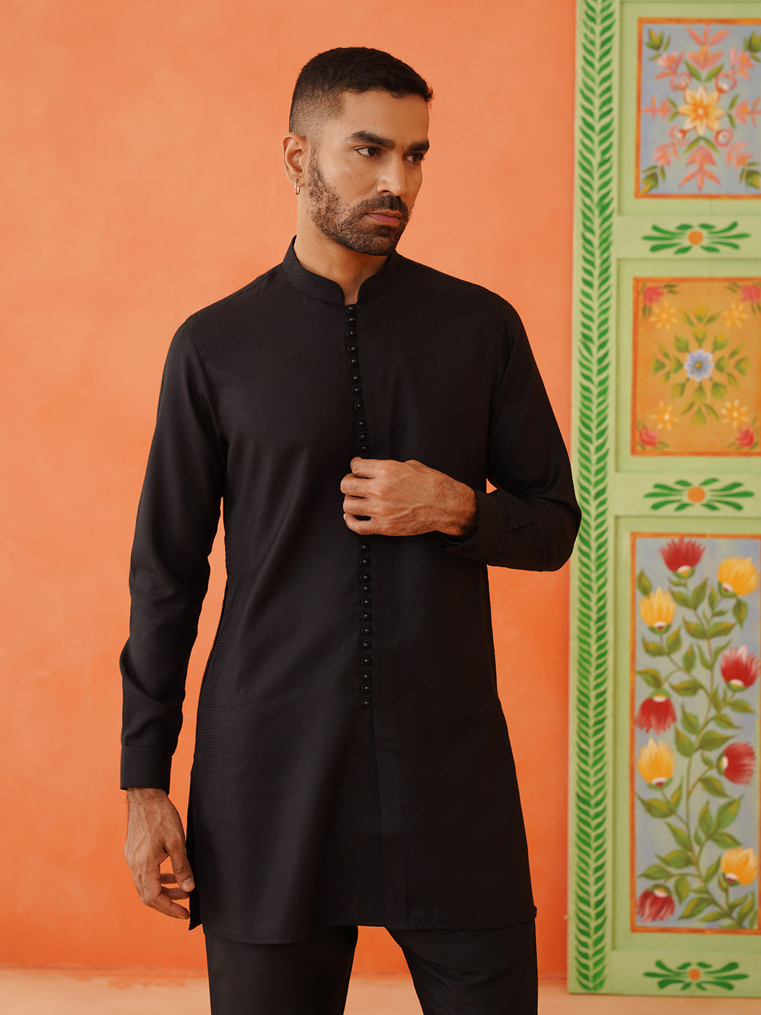 Black Cotton Jacquard Cotton Kurta Set