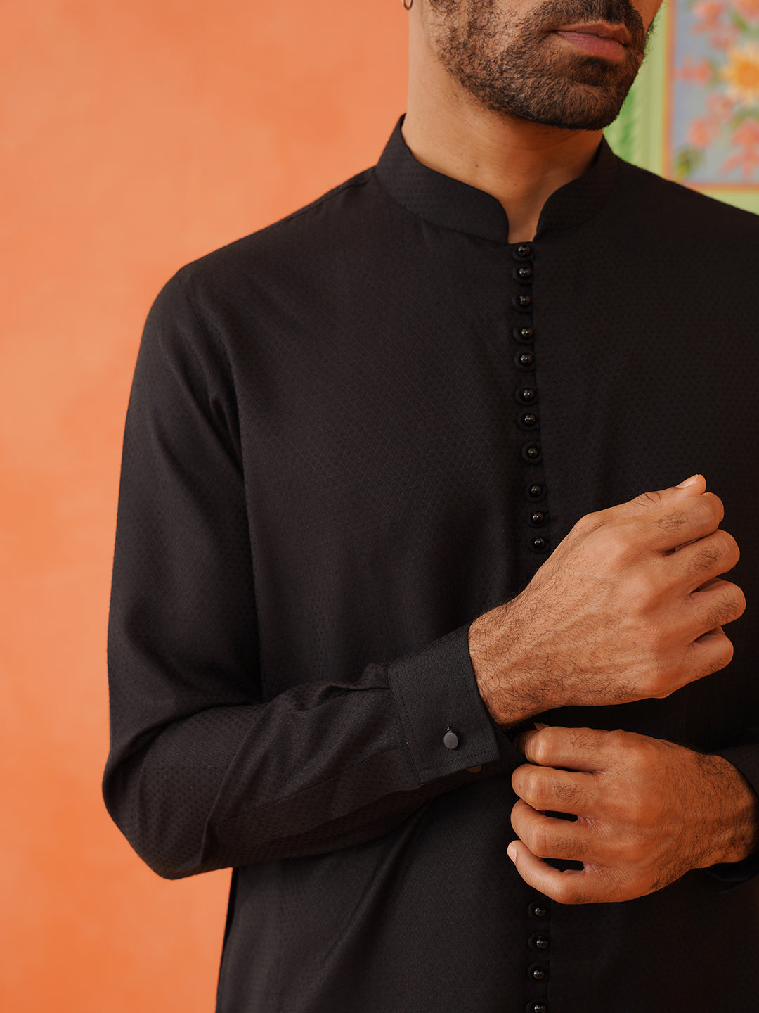 Black Cotton Jacquard Cotton Kurta Set