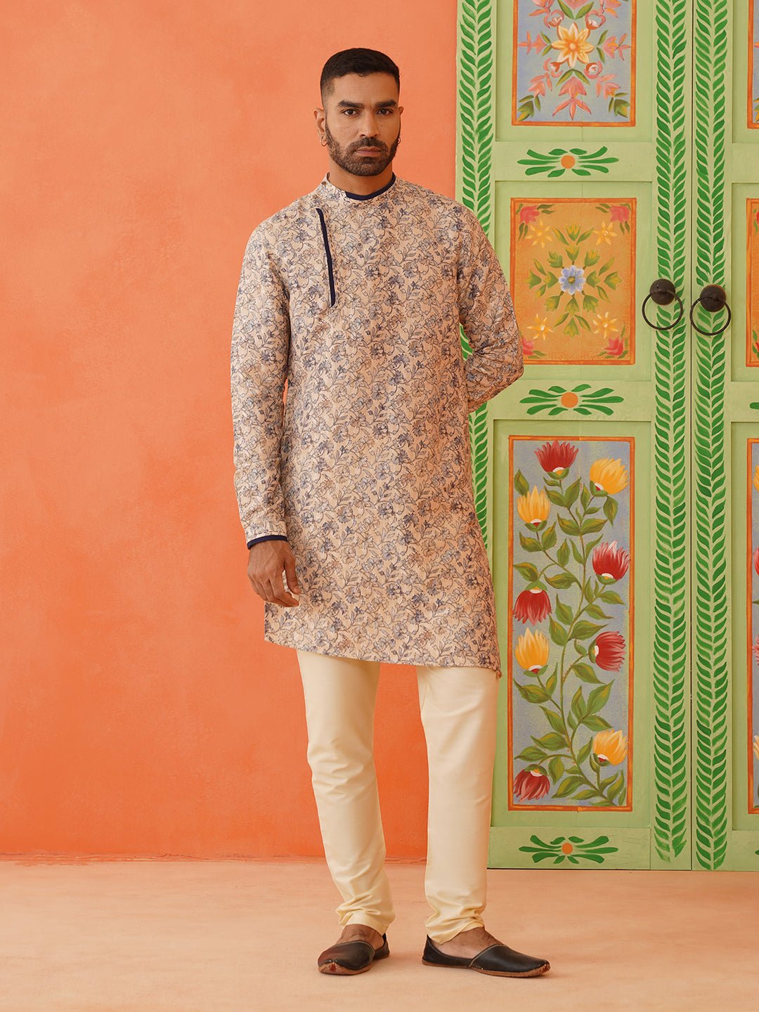 Beige Kantha Design printed Kurta Set