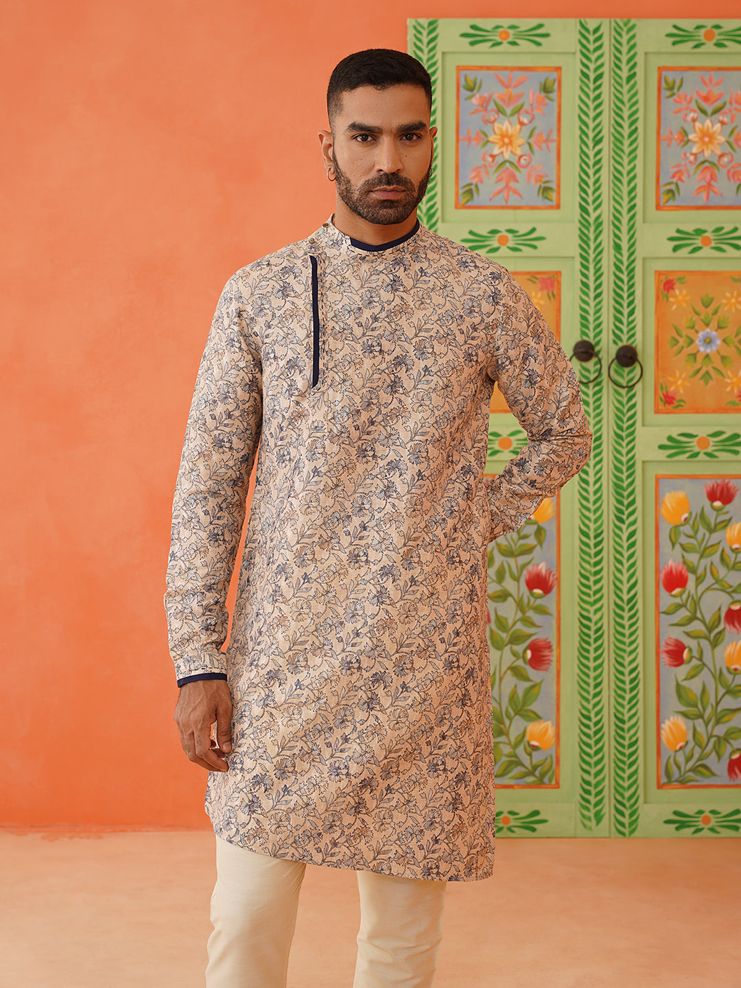 Beige Kantha Design printed Kurta Set