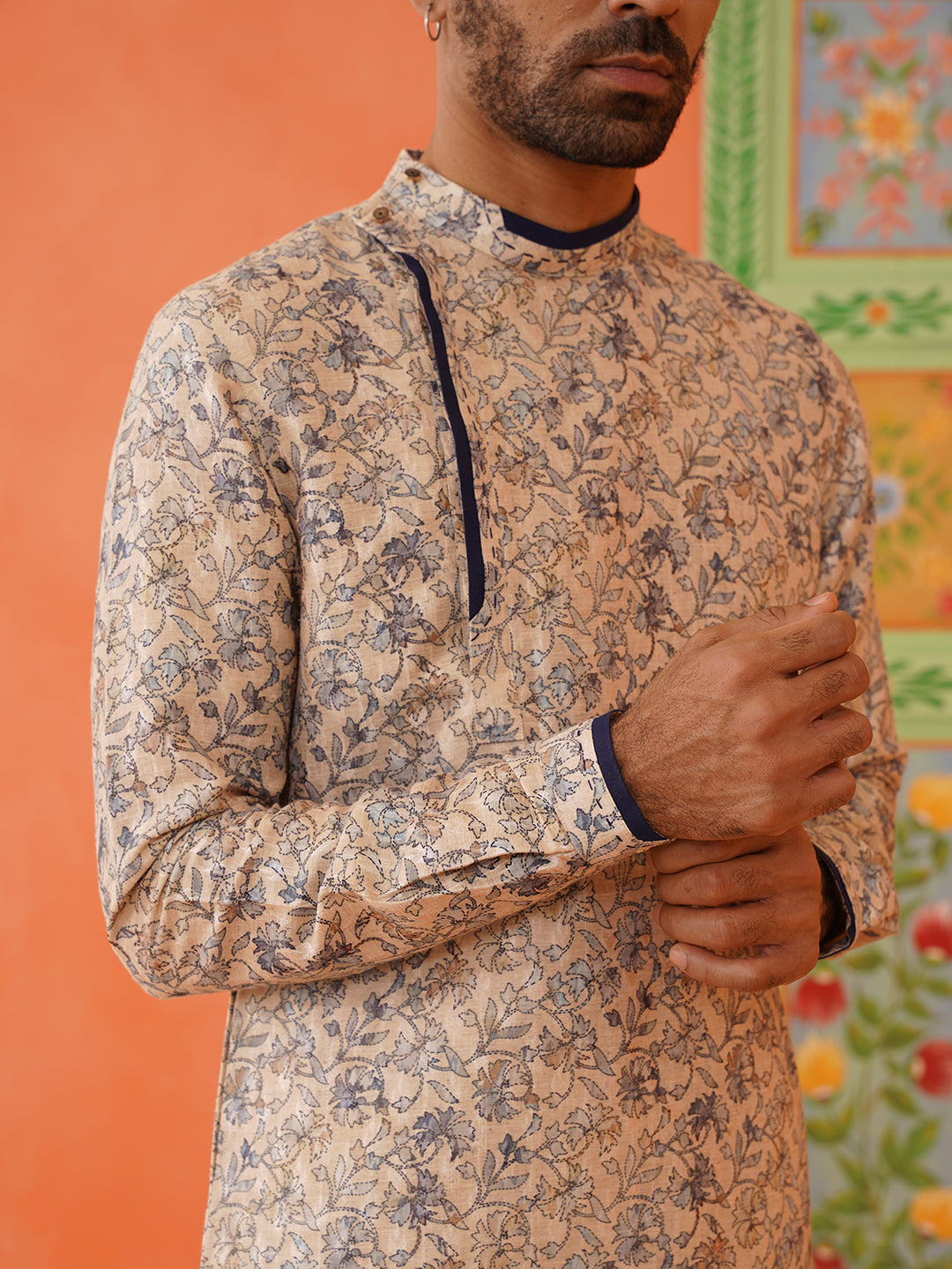 Beige Kantha Design printed Kurta Set