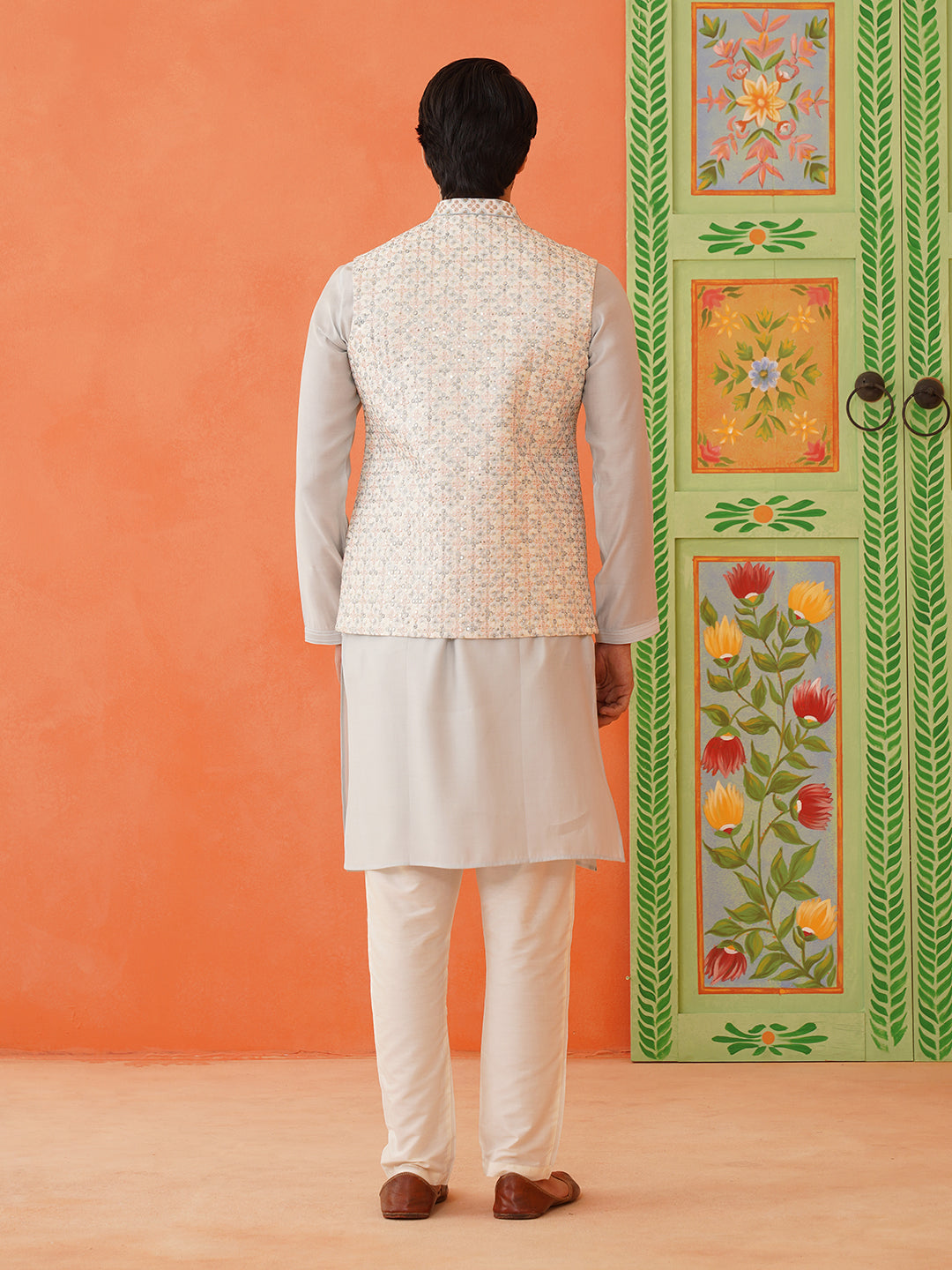 Cream Embroidered Jacket Kurta Set