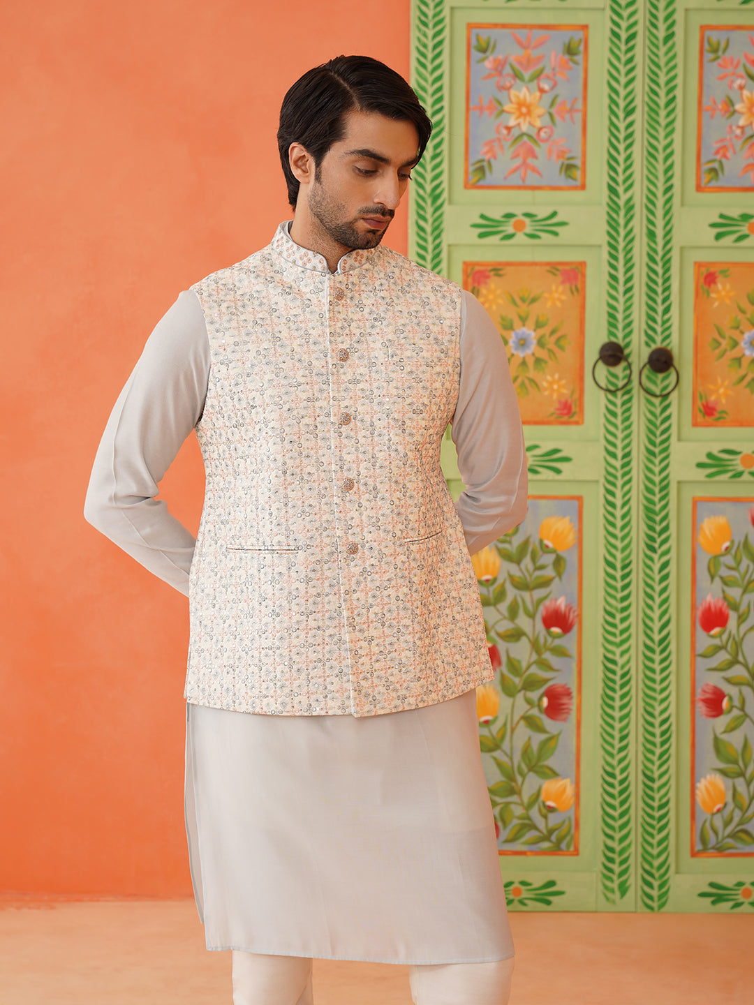 Cream Embroidered Jacket Kurta Set