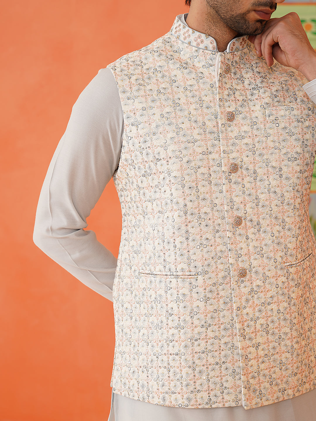 Cream Embroidered Jacket Kurta Set