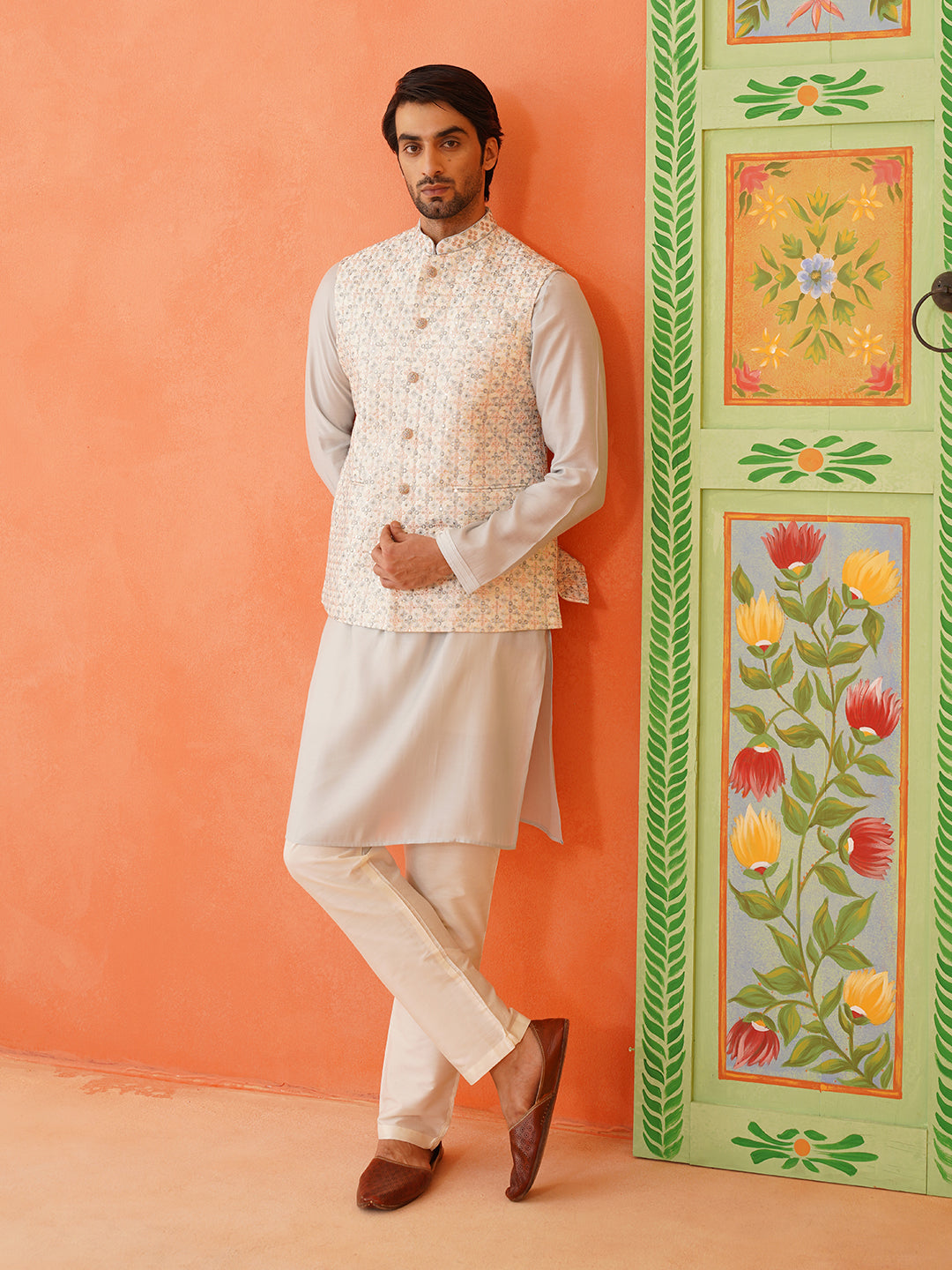 Cream Embroidered Jacket Kurta Set