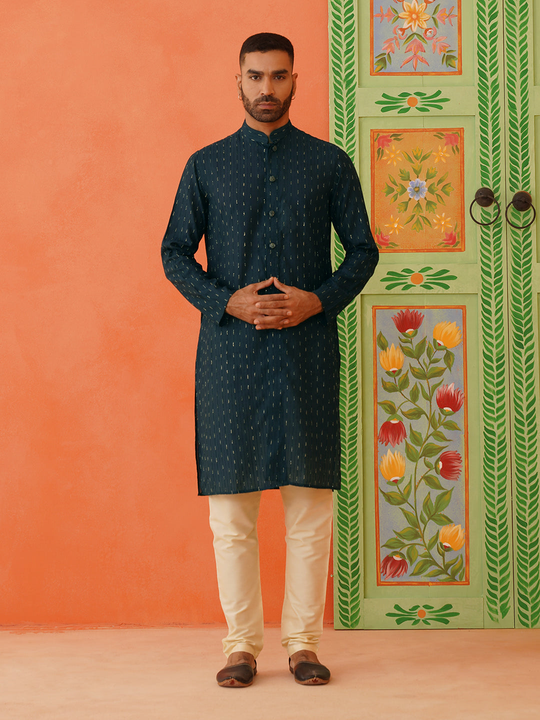 Charcoal Blue Embroidered Front Open Embroidered Kurta Set