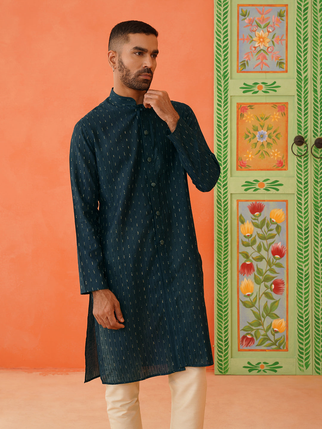 Charcoal Blue Embroidered Front Open Embroidered Kurta Set