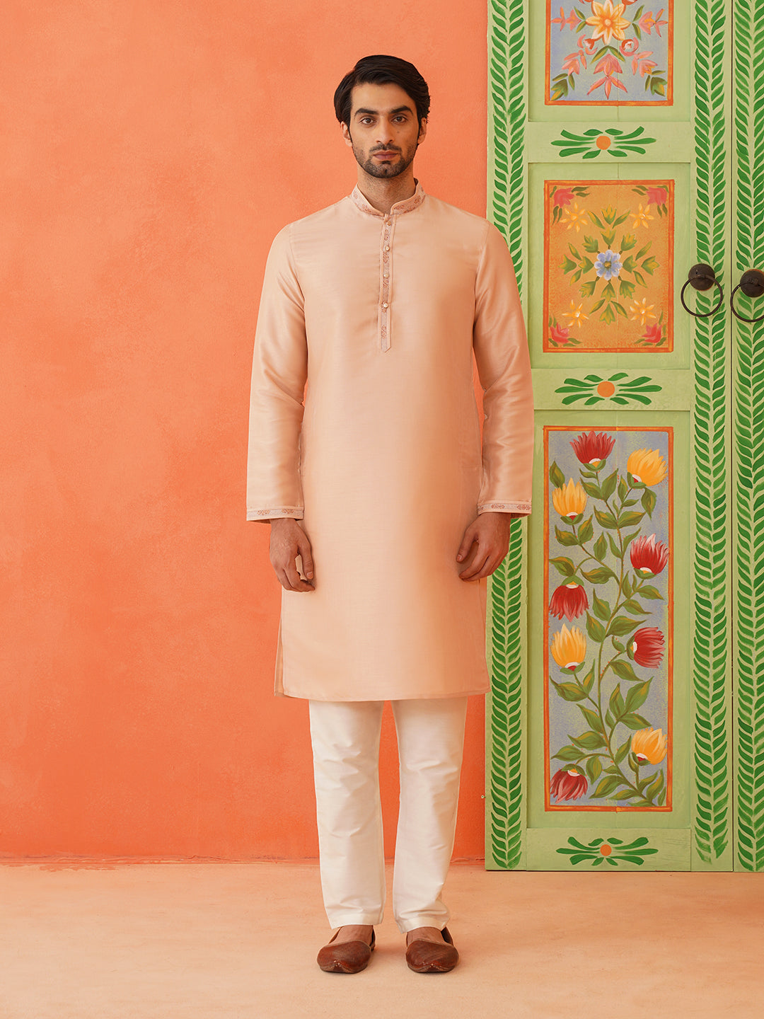 Peach Jacquard printed Jacket kurta Set