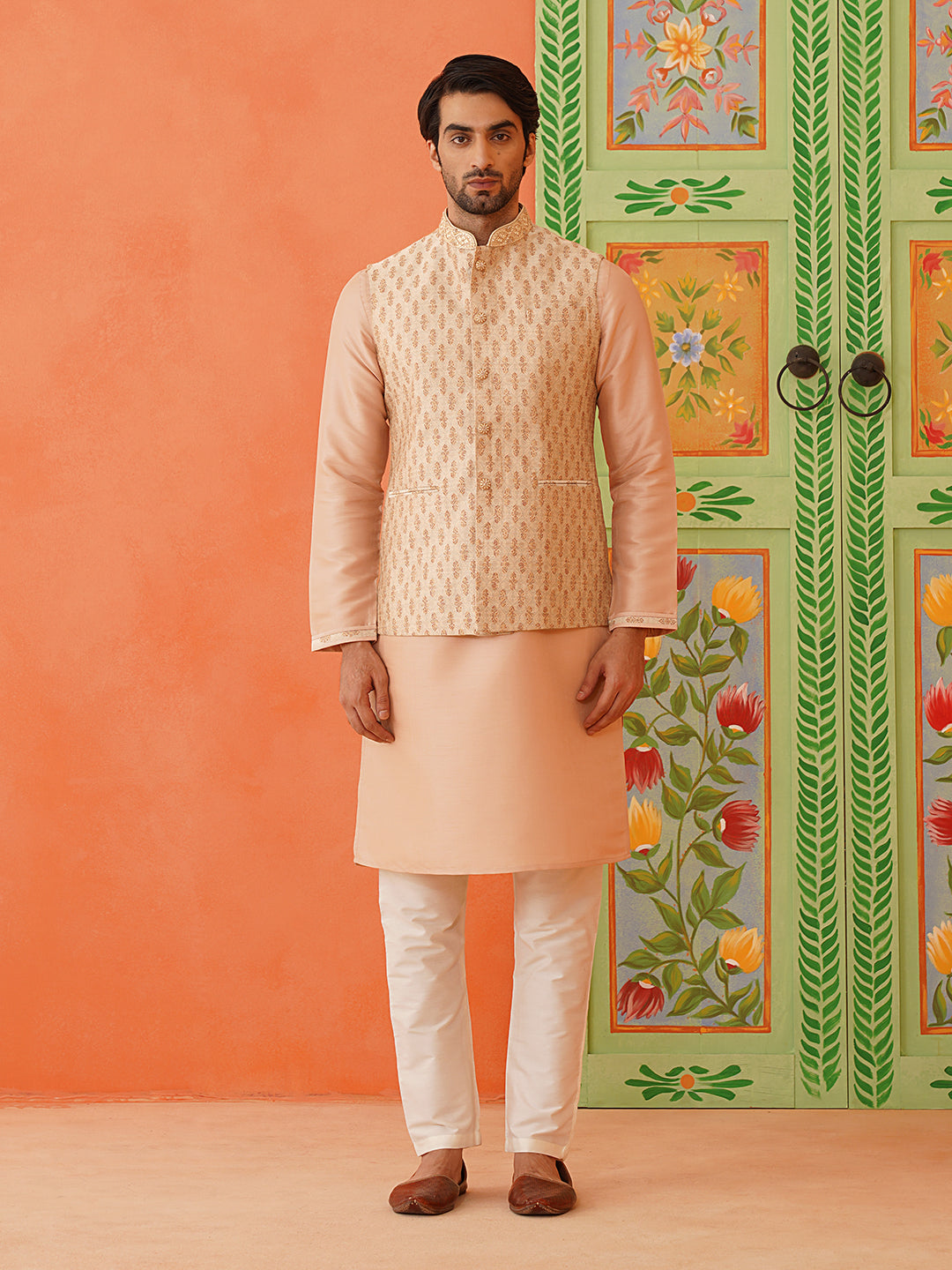 Peach Jacquard printed Jacket kurta Set