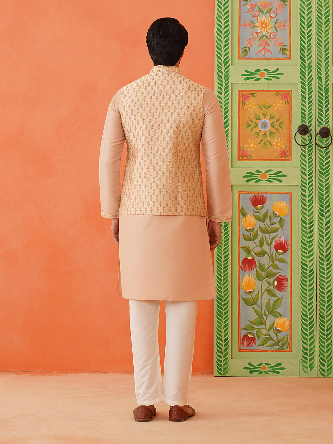 Peach Jacquard printed Jacket kurta Set