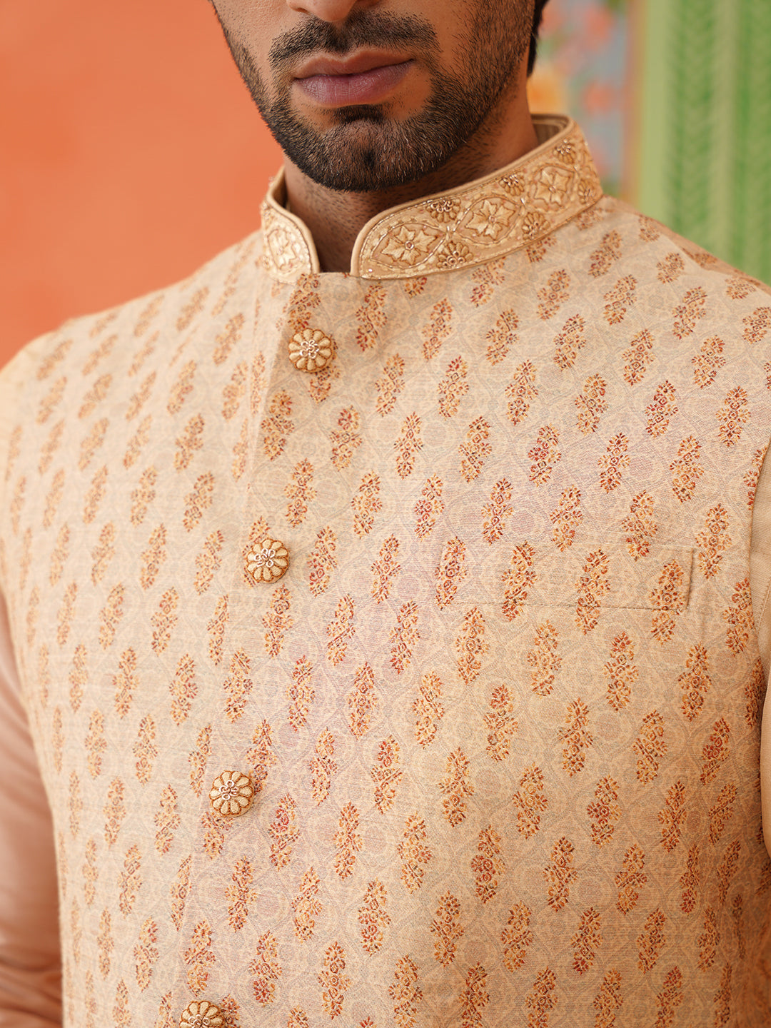 Peach Jacquard printed Jacket kurta Set