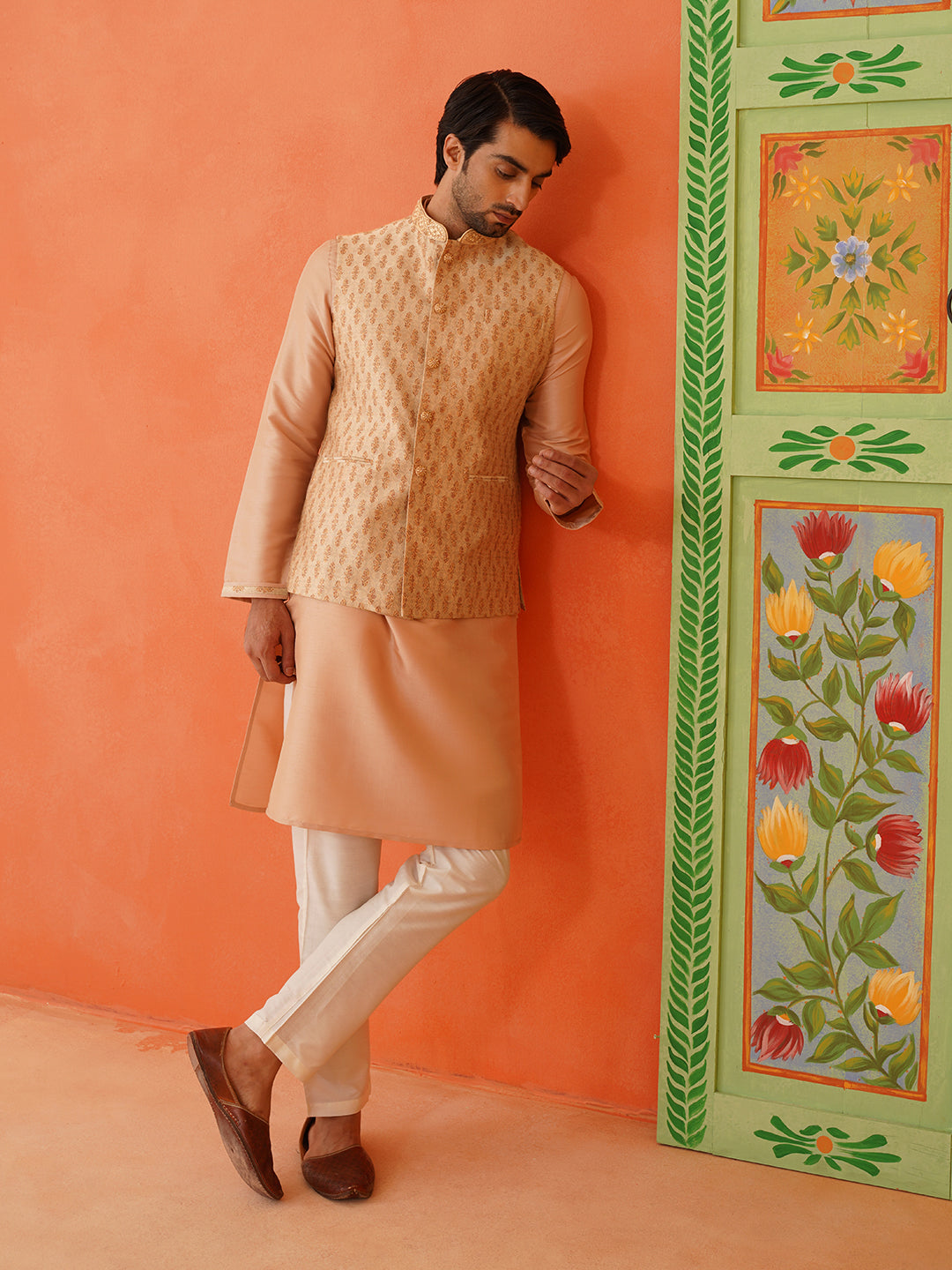 Peach Jacquard printed Jacket kurta Set